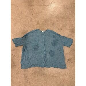 CHEYENNE Turquoise Tunic 100% Linen Sz 1X Lagenlook Button-Up Floral Top